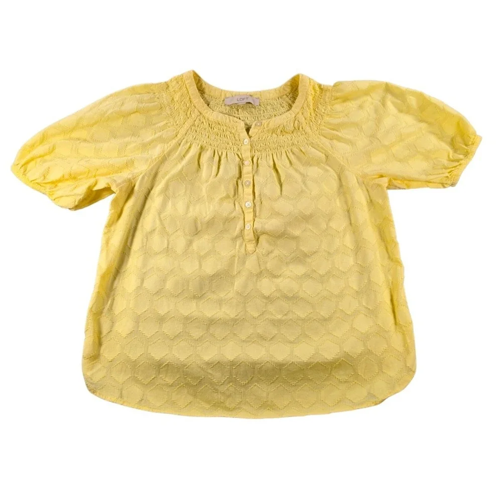 LOFT Textured Geometric 100% Cotton pastel yellow peasant blouse womens small